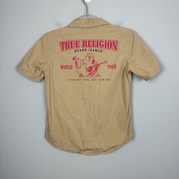 TRUE RELIGION | Tan Short Sleeve Button Down Graphic Top Women’s Size Medium - Picture 1 of 9